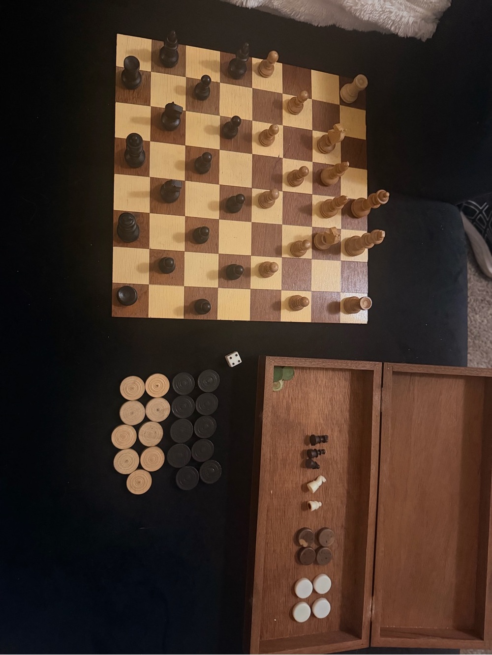 Vintage Schach-Dame-Mühle Wooden Folding Game Set Chess, Checkers 9 Men's Morris